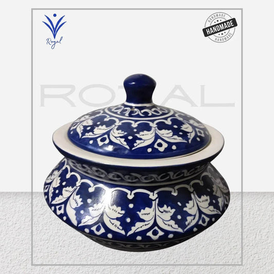 Handcrafted Multani Blue Pottery Shahi Handi – small traditional ceramic handi with blue floral design, made by skilled artisans at RHA Pottery