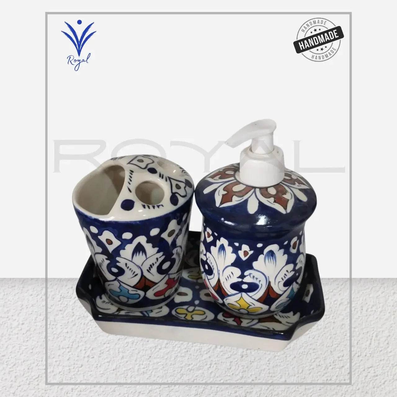 Handmade Ceramic Multani Blue Pottery Wash Besan Set โ 3 Piece Traditional Kitchenware Royal Haritage Artisan