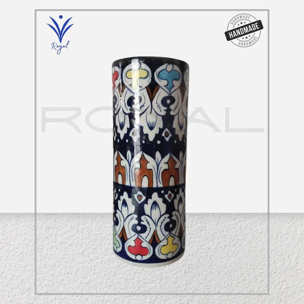 Handmade Ceramic Multani Blue Pottery Cylinder Vase โ Traditional Floral Decorative Vase Royal Haritage Artisan