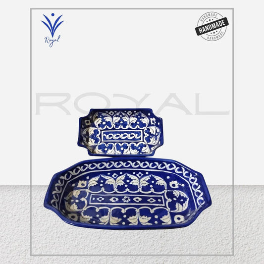 Handmade Multani Blue Pottery Biscuit Dish by Royal Heritage Artisan showcasing traditional floral blue patterns.