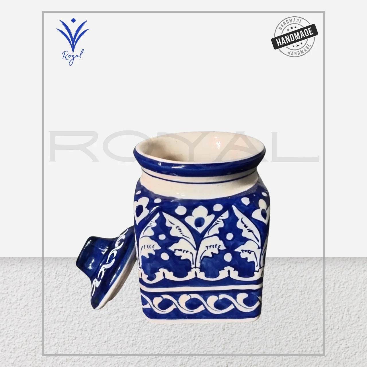 Handcrafted Multani Blue Pottery Pickle Jar with traditional floral design