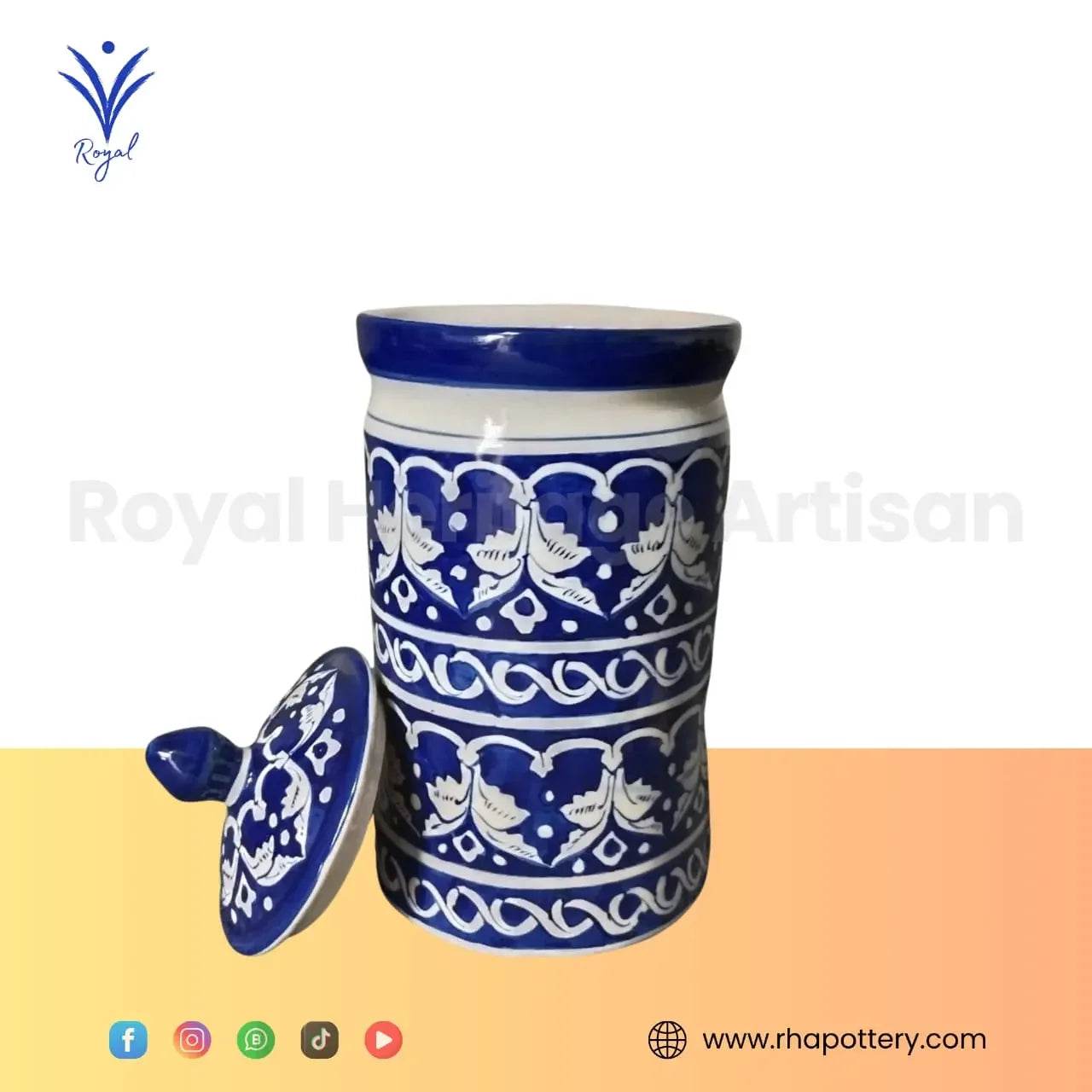 Handmade Large Blue Pottery Cookie Jar – Multani ceramic art with cobalt blue glaze, handcrafted home and kitchen decor storage jar by RHA Pottery