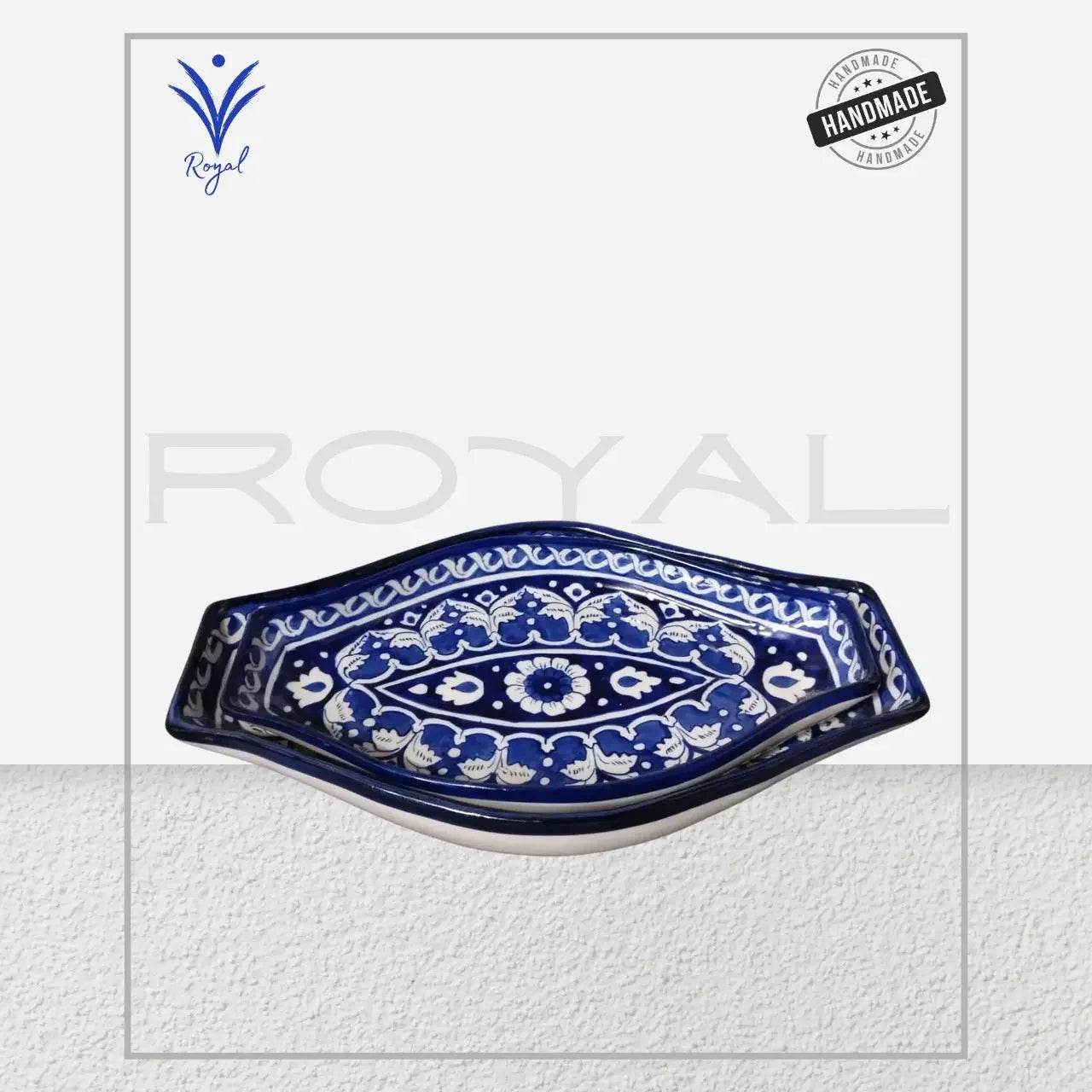 Handmade Ceramic Multani Blue Pottery Rice Tray – Oval Shape Serving Dish Royal Haritage Artisan