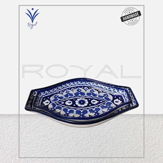 Handmade Ceramic Multani Blue Pottery Rice Tray – Oval Shape Serving Dish Royal Haritage Artisan