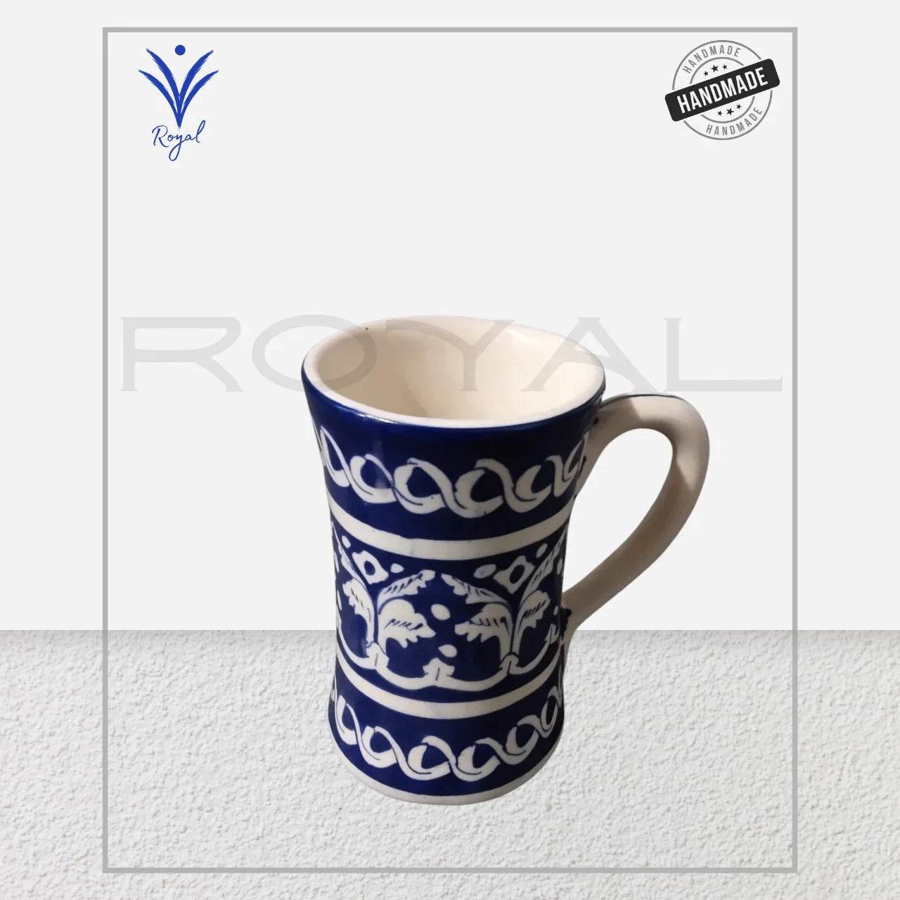Handcrafted Multani Blue Pottery Mug Set – traditional ceramic coffee, tea, and lassi cups with intricate blue floral patterns by Royal Heritage Artisan. 