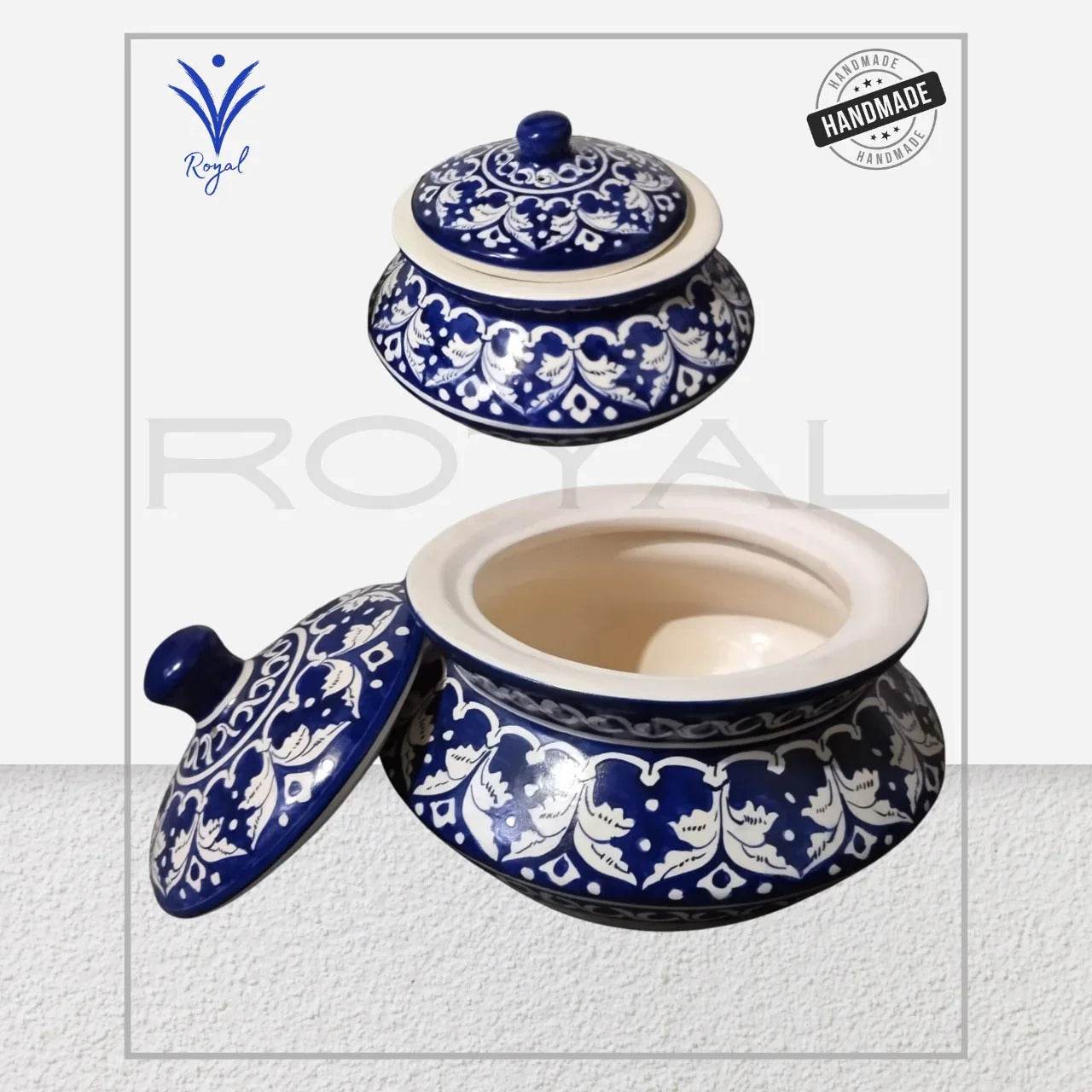 Handcrafted Multani Blue Pottery Shahi Handi – small traditional ceramic handi with blue floral design, made by skilled artisans at RHA Pottery
