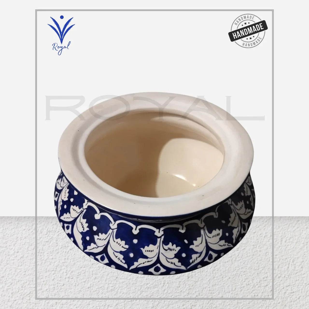 Handcrafted Multani Blue Pottery Shahi Handi – small traditional ceramic handi with blue floral design, made by skilled artisans at RHA Pottery.