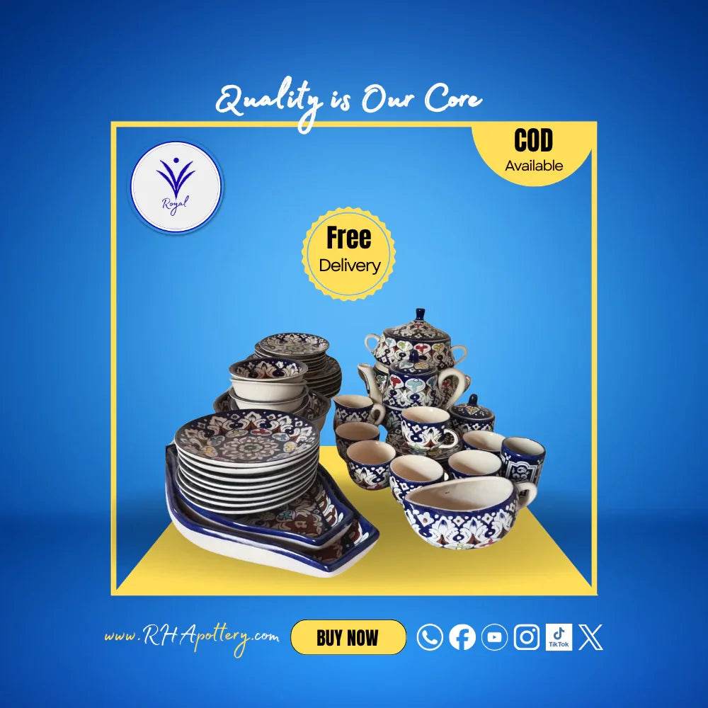 Image of handmade Mulatani blue pottery dinner set with floral design from RHA Pottery